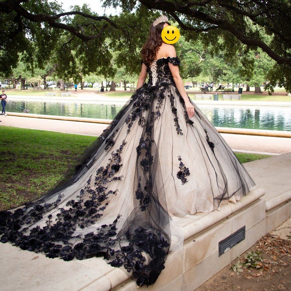 Black and Cream Quinceanera Floral Dress